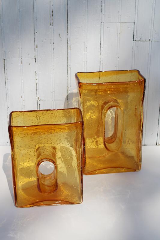 mod minimalist glass block vases, hand blown seeded glass cubes w/ keyhole window