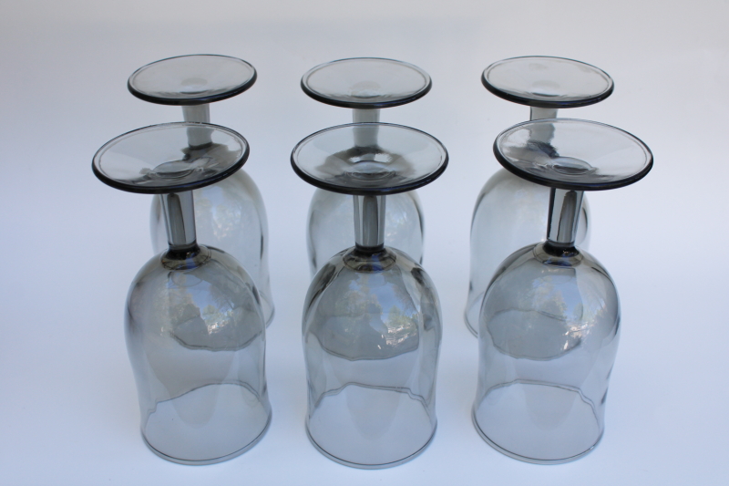 mod smoke grey glass wine glasses, retro barware tulip shape goblets set of 6