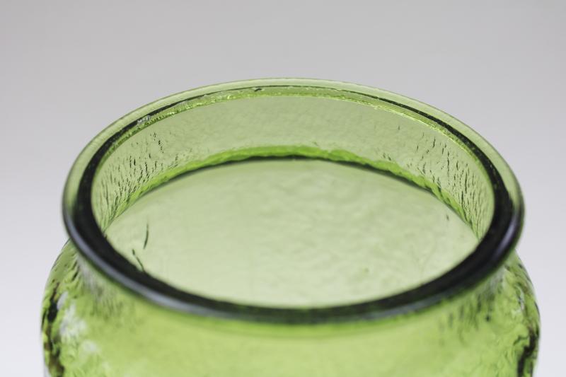 mod vintage Anchor Hocking Rainflower canister jar w/ lid, 70s avocado green glass