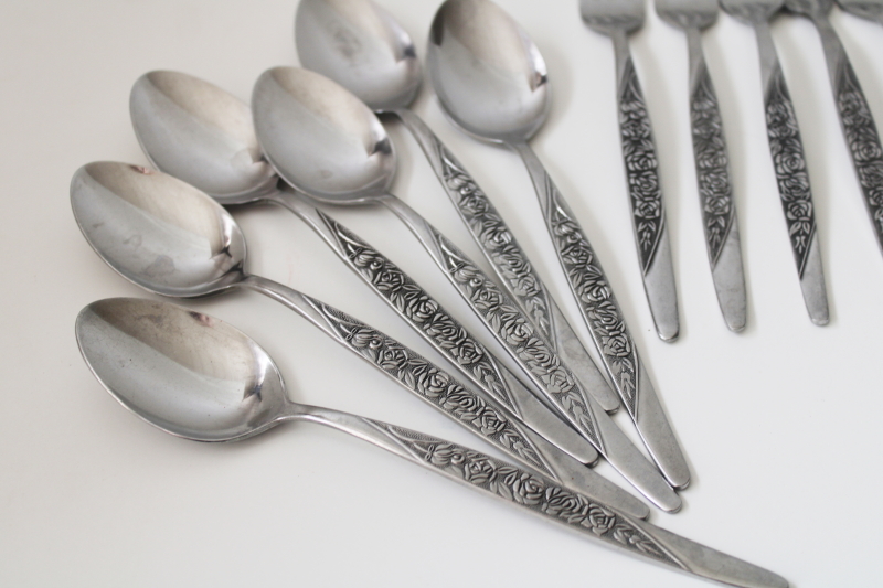 mod vintage Caress floral pattern National stainless flatware, forks, soup, tea spoons