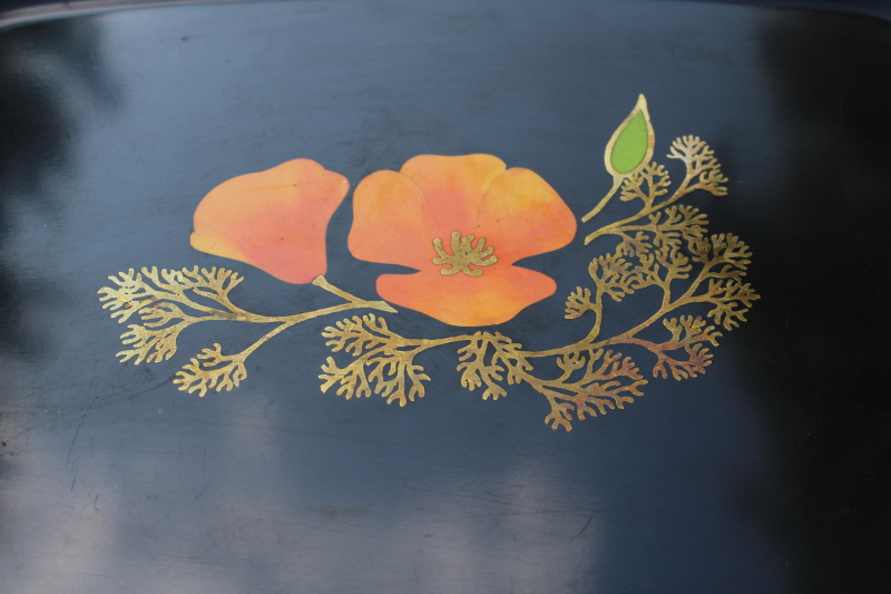 mod vintage Couroc black lacquer look tray w/ inlay California poppy yellow flower