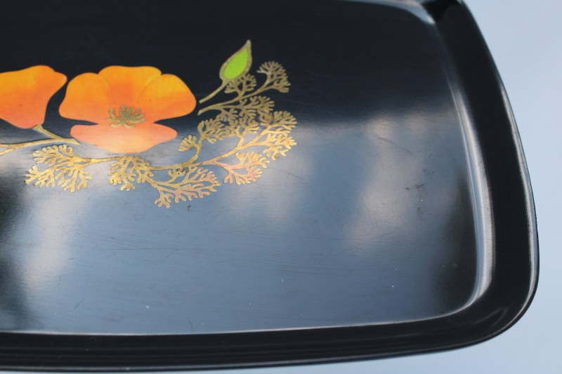 mod vintage Couroc black lacquer look tray w/ inlay California poppy yellow flower