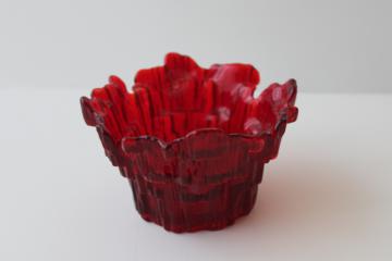 mod vintage Dalzell Viking art glass votive holder bowl, ice texture fire shape ruby red glass