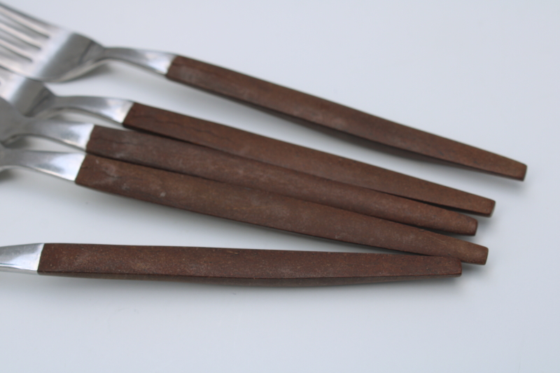 mod vintage Ekco Eterna Canoe Muffin stainless flatware rosewood brown melamine handles