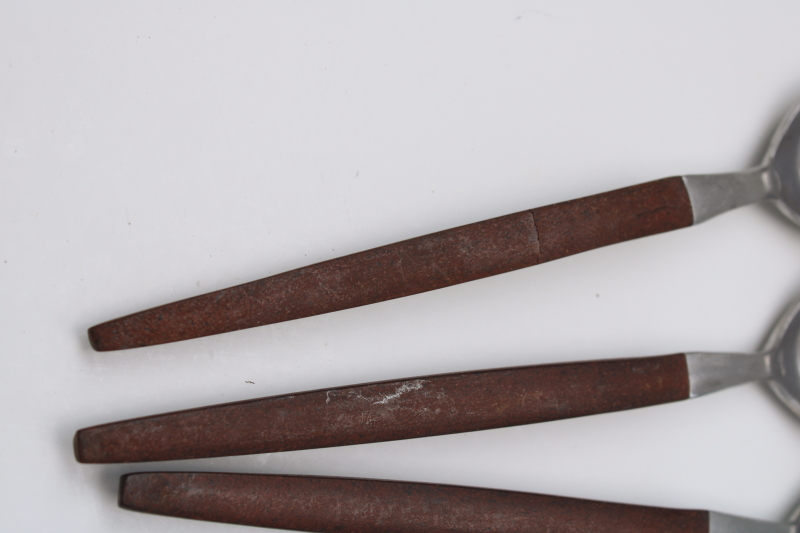 mod vintage Ekco Eterna Canoe Muffin stainless flatware rosewood brown melamine handles