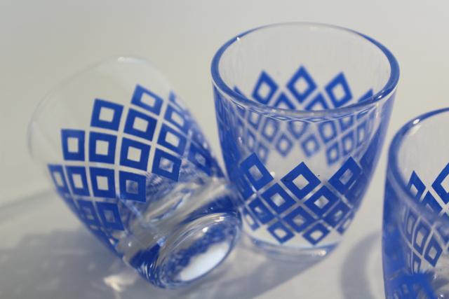 mod vintage France glass shot glasses, set of shots w/ tile pattern blue print