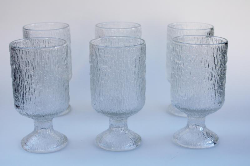 mod vintage Indiana glass crystal ice textured chunky water goblets or wine glasses
