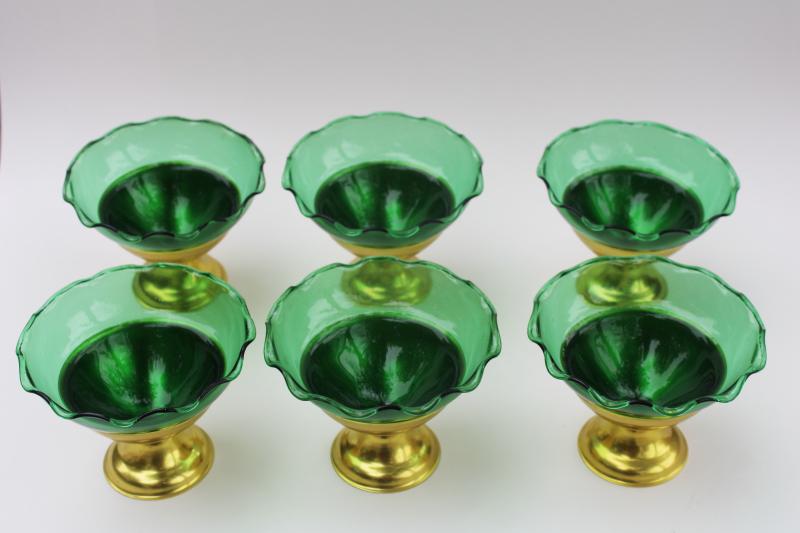 mod vintage Italian glass dessert dishes w/ anodized aluminum stands, emerald green w/ gold