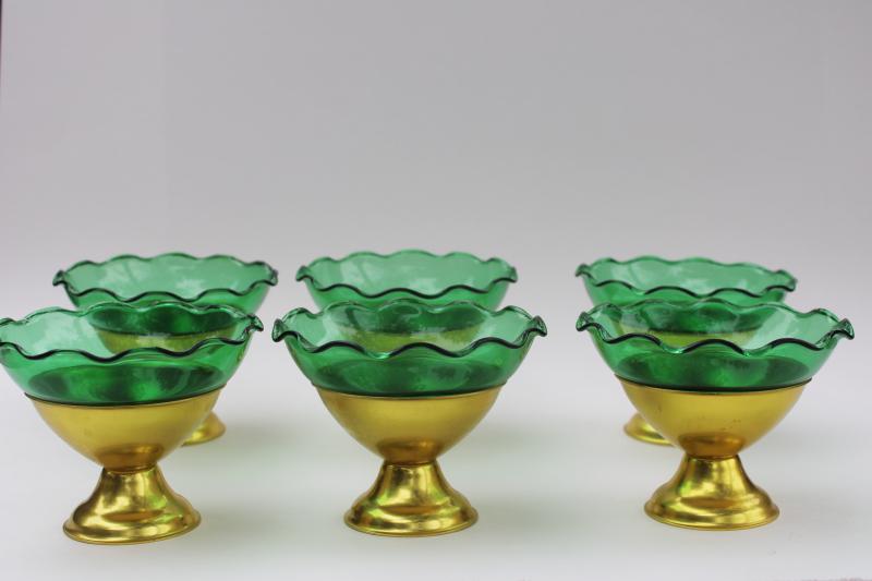mod vintage Italian glass dessert dishes w/ anodized aluminum stands, emerald green w/ gold