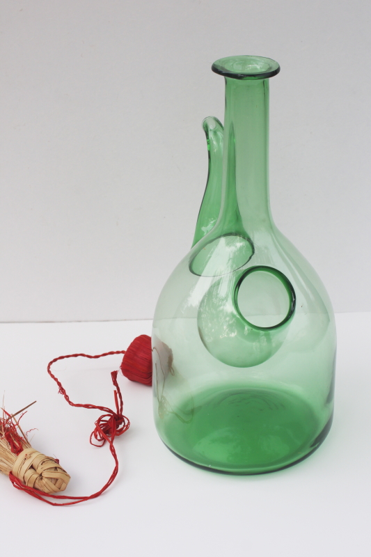 mod vintage Italian glass wine chiller decanter, hand blown green glass bottle w/ stopper
