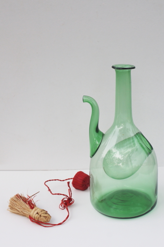 mod vintage Italian glass wine chiller decanter, hand blown green glass bottle w/ stopper