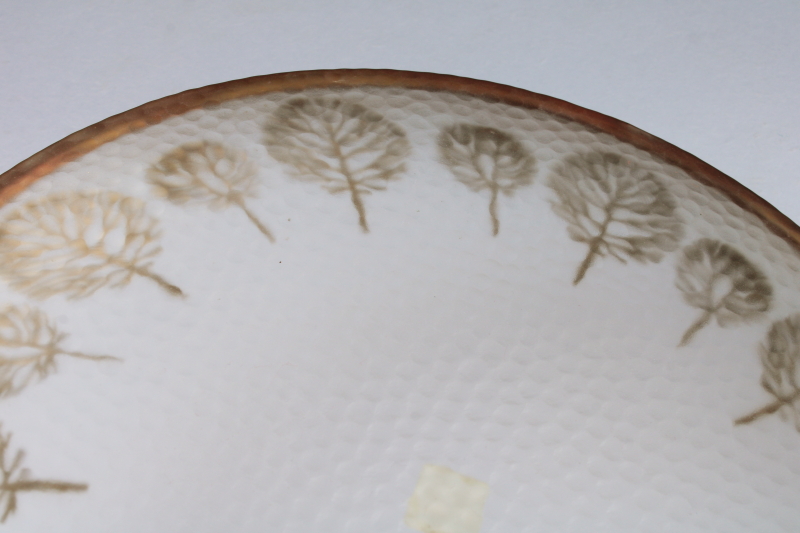 mod vintage Italy textured glass plate or round tray, bronze gold trees  wide band border