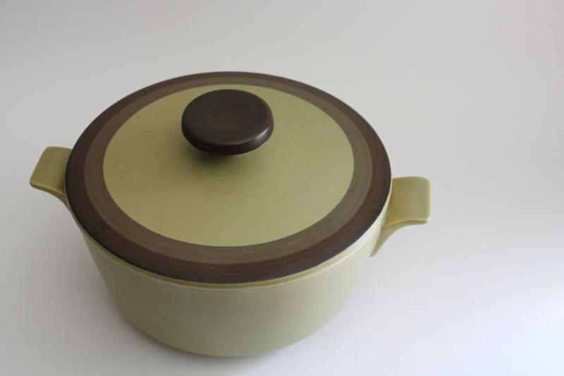 mod vintage Japan stoneware casserole w/ lid, green band Apache Gold Arrow stone