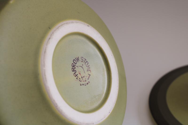 mod vintage Japan stoneware casserole w/ lid, green band Apache Gold Arrow stone