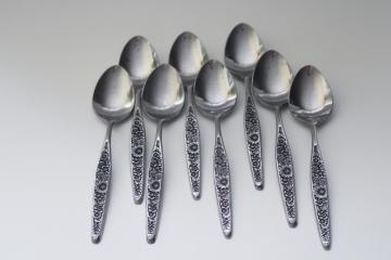 mod vintage Jardinera floral teaspoons set of 8, Interpur Japan heavy stainless flatware