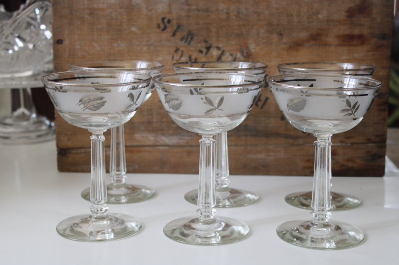 mod vintage Libbey coupe shape champagne or cocktail glasses, silver foliage leaves pattern glass