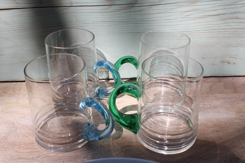 mod vintage Libbey glass steins, clear glasses w/ colored glass handles, large mugs
