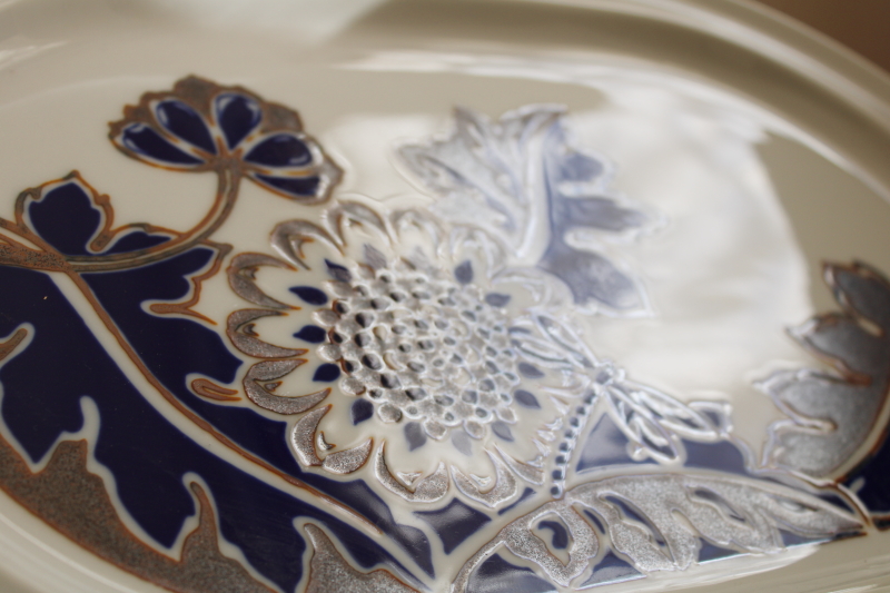 mod vintage Noritake Elation Primastone stoneware platter brown cobalt blue flower
