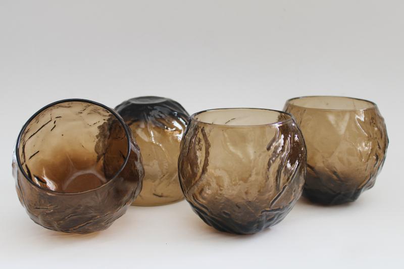 mod vintage Seneca driftwood textured glass bar glasses, BIG roly poly tumblers in smoke brown