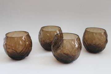 mod vintage Seneca driftwood textured glass bar glasses, BIG roly poly tumblers in smoke brown