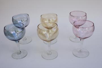 mod vintage West Virginia luster glass cocktail glasses, pastel pink blue yellow