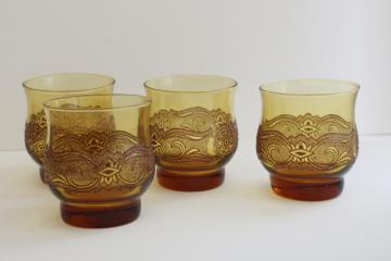 mod vintage amber glass bar glasses, lowballs w/ brown lace pattern Libbey Americana