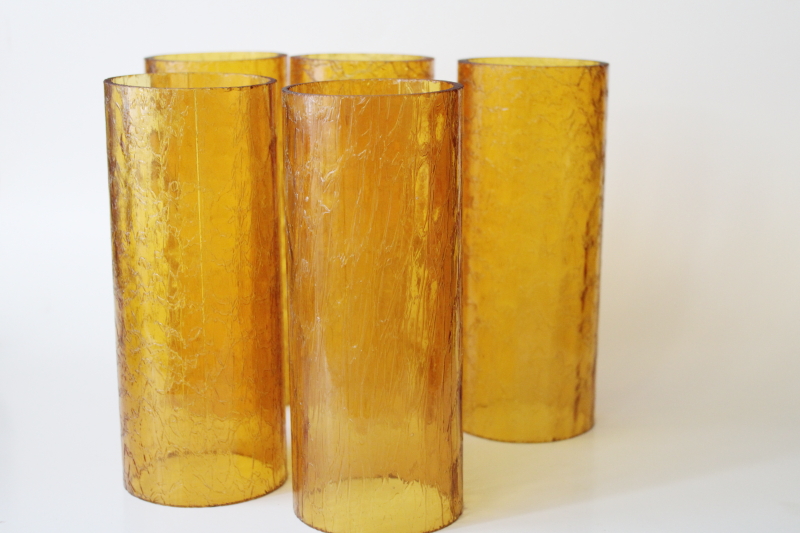 mod vintage amber glass hurricane shade set, rustic crackle glass candle shades