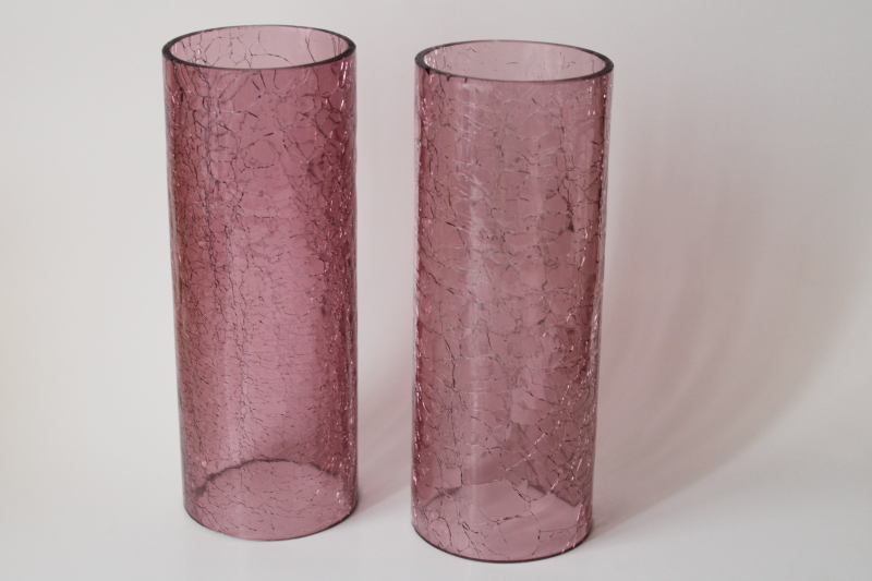 mod vintage amethyst glass hurricane shade set, rustic crackle glass candle shades