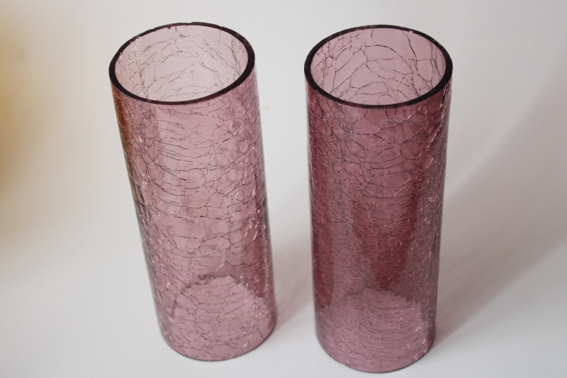 mod vintage amethyst glass hurricane shade set, rustic crackle glass candle shades