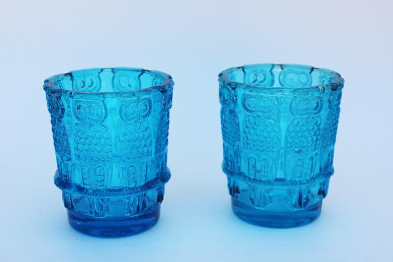 mod vintage aqua blue glass votive holders, pair of candle cups w/ row of owls