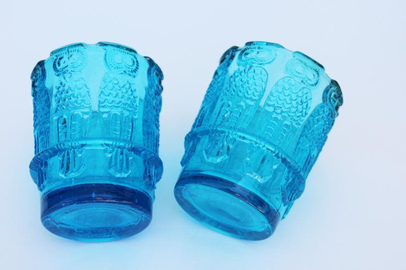 mod vintage aqua blue glass votive holders, pair of candle cups w/ row of owls