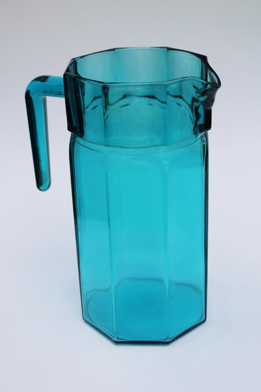 mod vintage aqua glass refrigerator water pitcher, octagonal carafe w/ handle