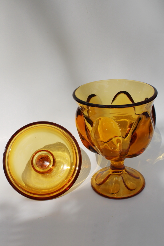 mod vintage art glass candy dish, Viking Epic line amber glass covered bowl