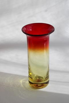 mod vintage art glass column vase, amberina shaded red orange gold color hand blown glass