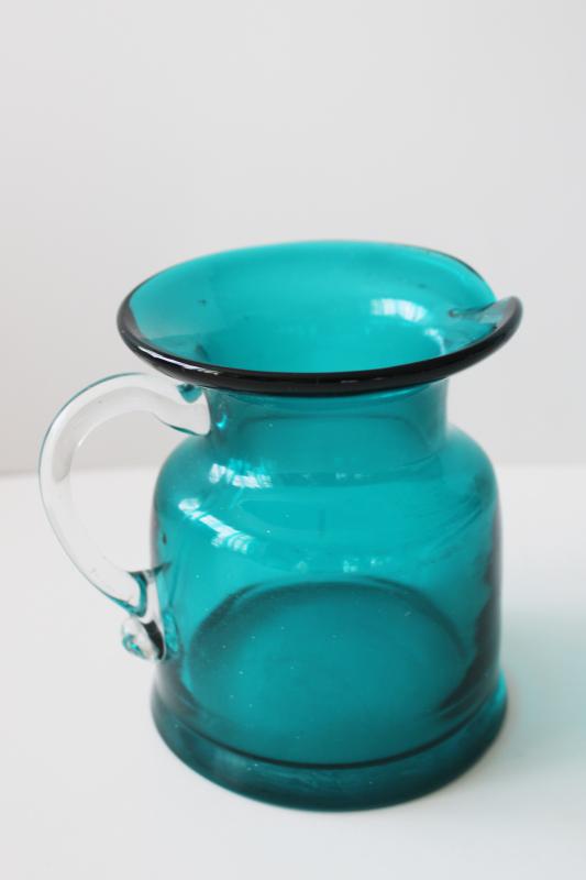 mod vintage art glass pitcher, surf green or aquamarine colored glass w/ clear handle