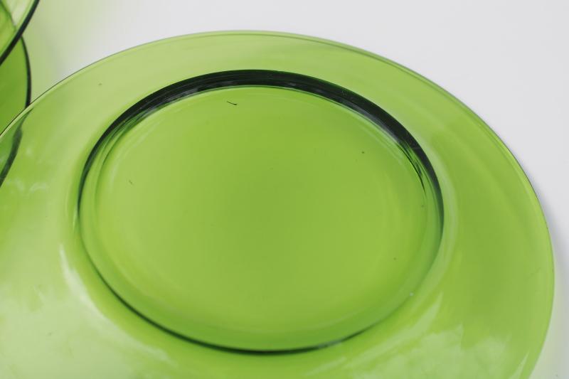 mod vintage avocado green glass salad plates set of six, olive green glassware