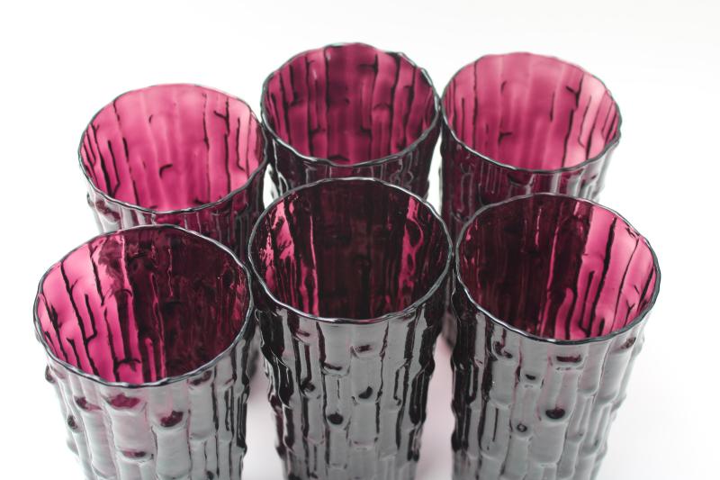 mod vintage bamboo textured glass tumblers, retro bar glasses deep purple amethyst glass