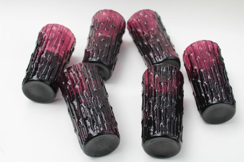 mod vintage bamboo textured glass tumblers, retro bar glasses deep purple amethyst glass
