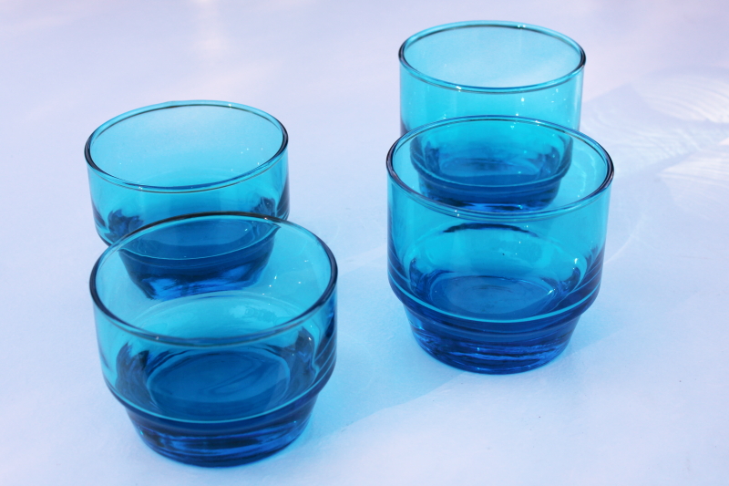 mod vintage bar glasses, chunky short fat lowballs, capri blue bluenique aqua colored glasses