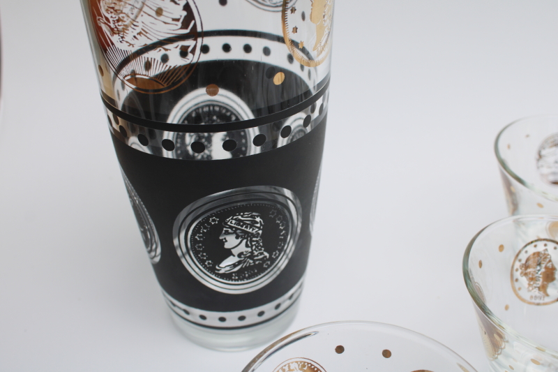 mod vintage bar glassware, drinking glasses  cocktail shaker jar black  gold coins