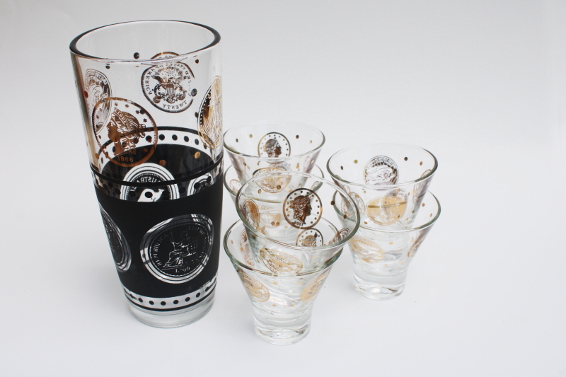 mod vintage bar glassware, drinking glasses  cocktail shaker jar black  gold coins
