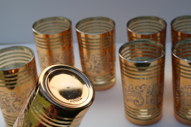 mod vintage barware, drinking glasses w/ copper or rose gold metallic luster