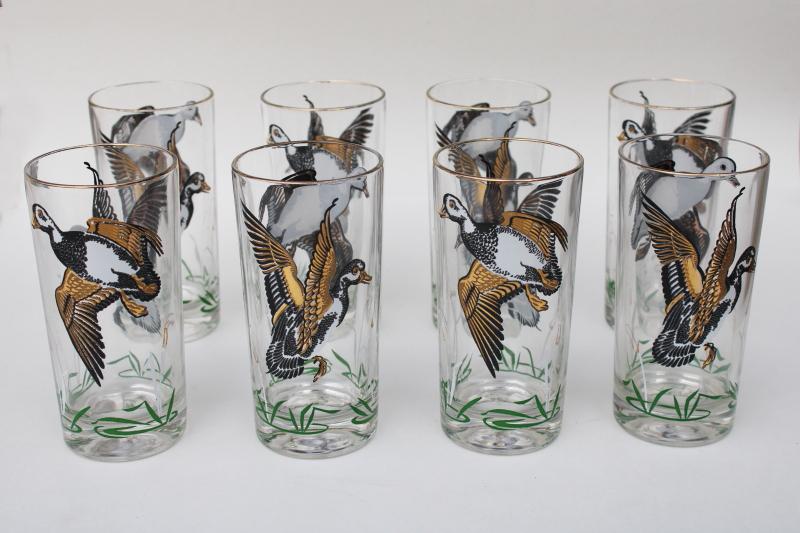 mod vintage barware, set of drinking glasses game birds, black & white ducks or snow geese