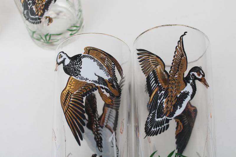 mod vintage barware, set of drinking glasses game birds, black & white ducks or snow geese