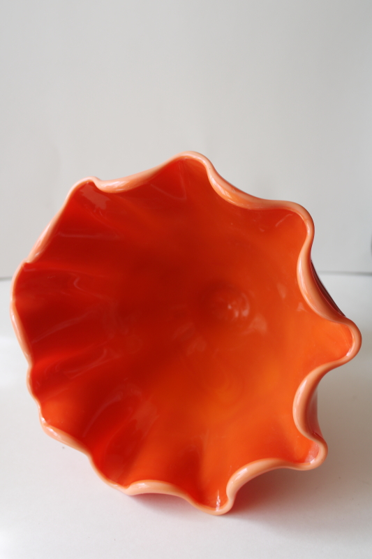 mod vintage bittersweet orange slag glass vase, lettuce shape bowl LE Smith glass