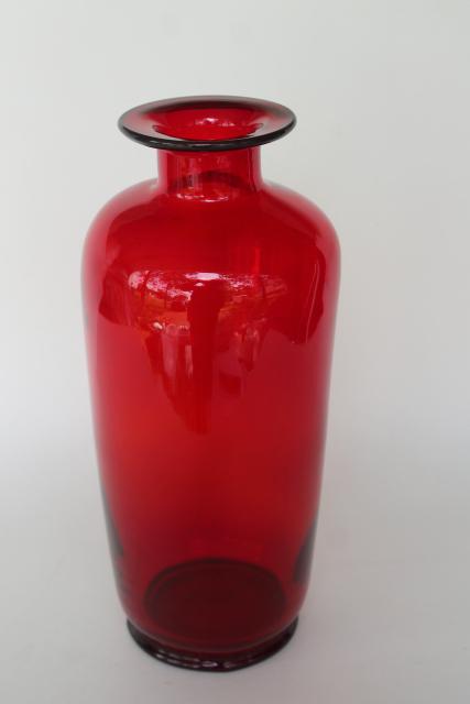 Mod Vintage Bright Red Glass Bottle Vase West Virginia Art Glass Hand Blown Glass