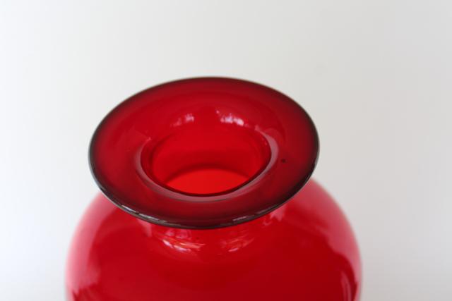 mod vintage bright red glass bottle vase - West Virginia art glass, hand blown glass