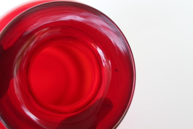 mod vintage bright red glass bottle vase - West Virginia art glass, hand blown glass