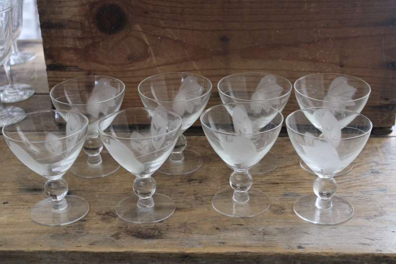 mod vintage champagne glasses, McBride Cameo glass w/ etched cut leaves on crystal clear