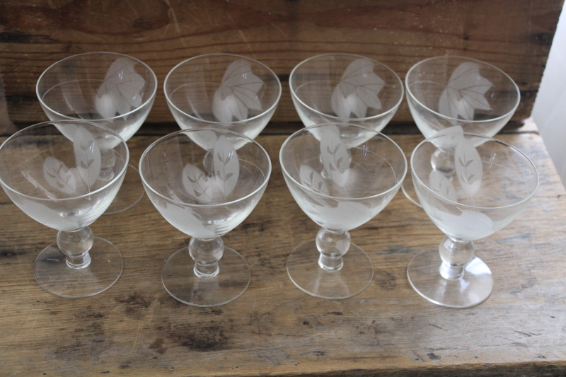 mod vintage champagne glasses, McBride Cameo glass w/ etched cut leaves on crystal clear